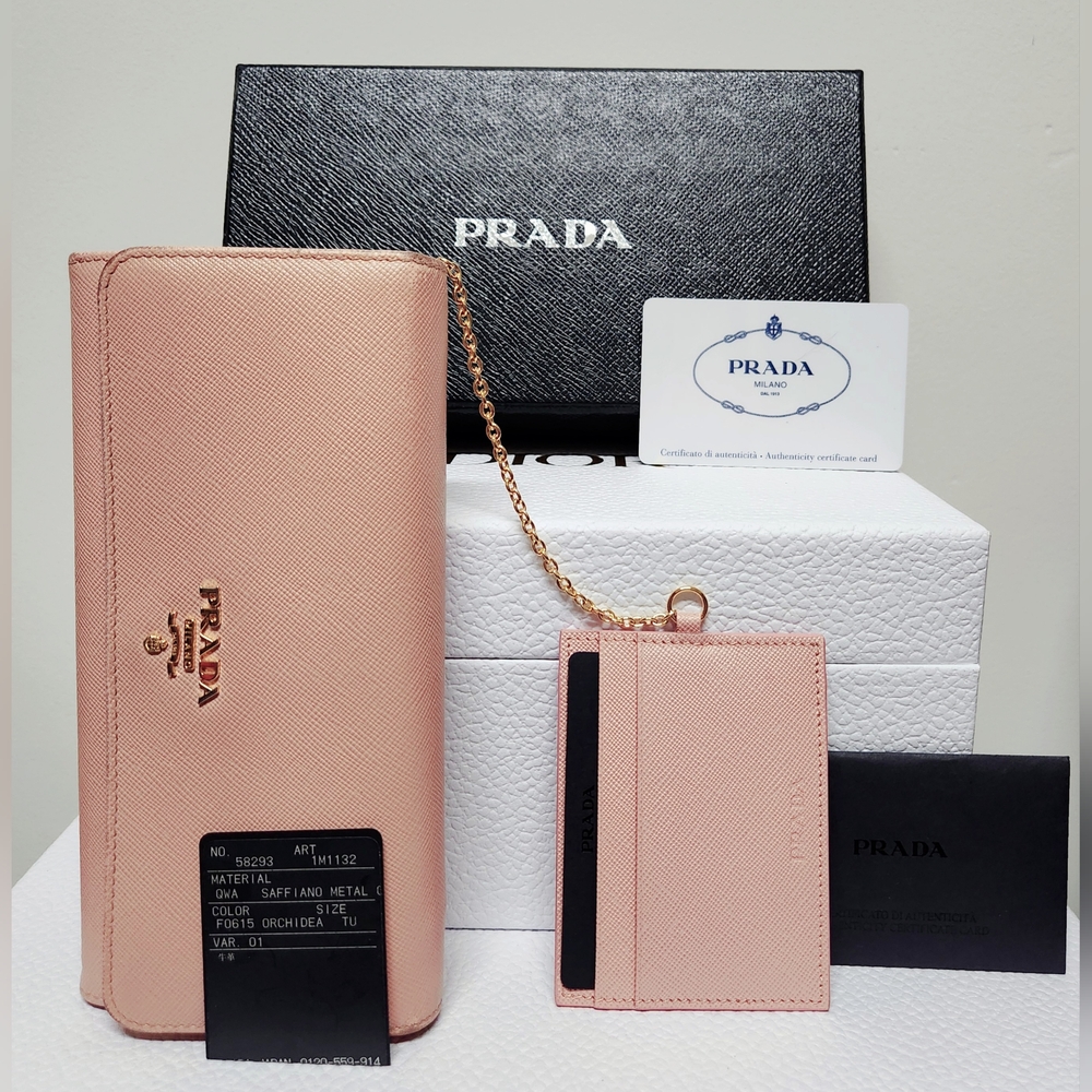 PRADA Orchidea Saffiano Metall Wallet with Detachable ID Holder with Chain & COA